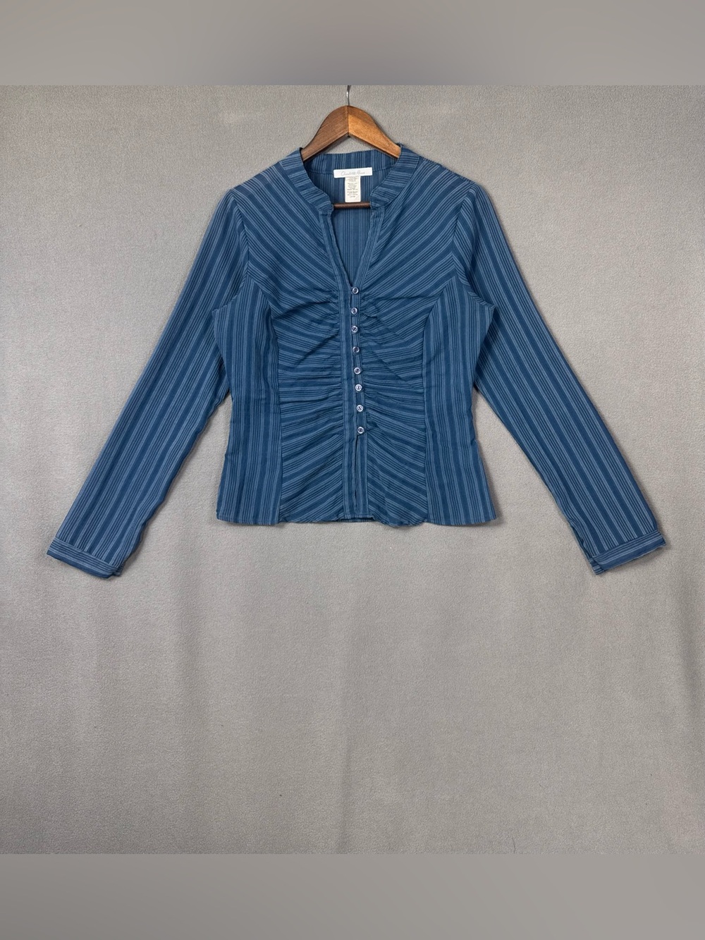 Vintage Y2K Charlotte Russe Teal Blue Striped Long Sleeve Ruched Button Down Top